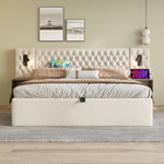 Bedroom Complete Set, Upholstered Hydraulic Storage Bed 160×200 cm, 2 Bedside Tables, Headboard Reading Light with USB Charging, Beige Velvet