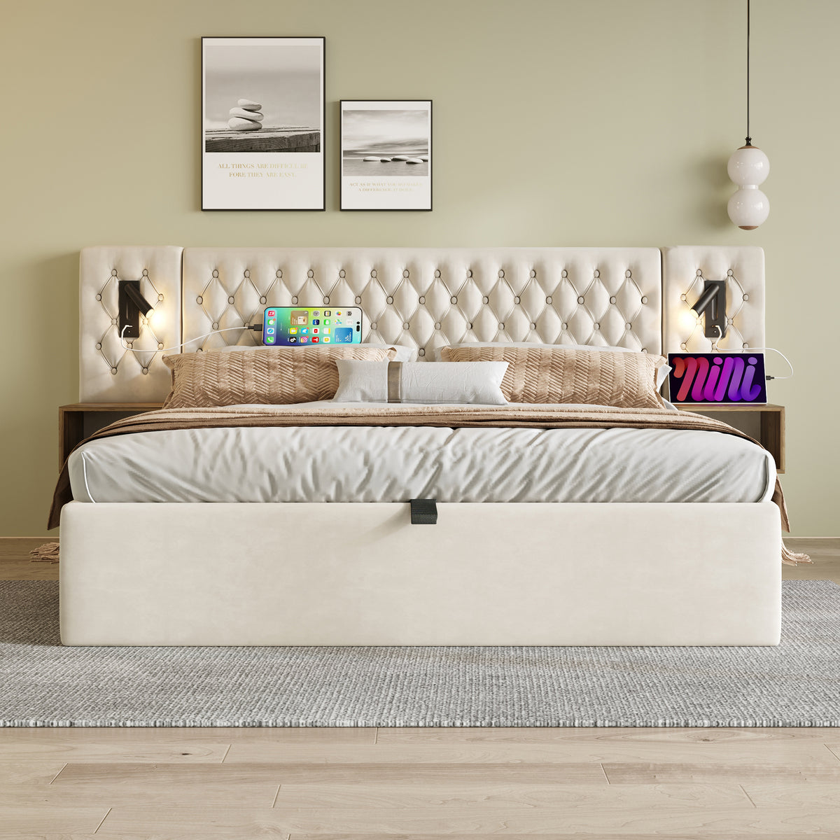 Sofa Bed 90x190cm with Storage, LED & USB, Beige Velvet