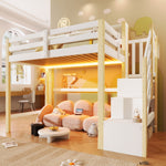 Loft Bed 90x200cm with LED Lights & Storage Ladder, White+Natural