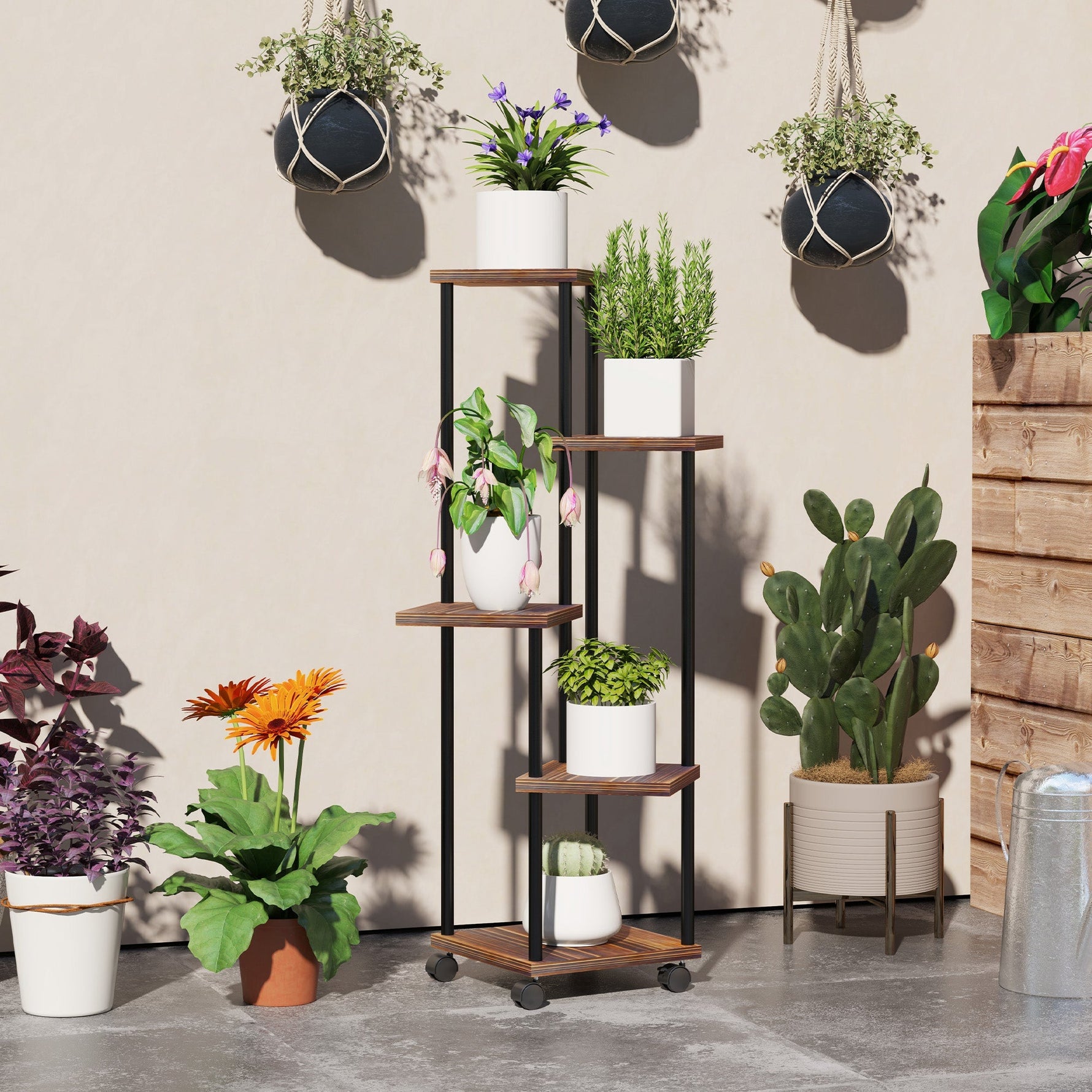 5-Tier Plant Stand, Wheels, 110cm High, Steel Wood, Charred