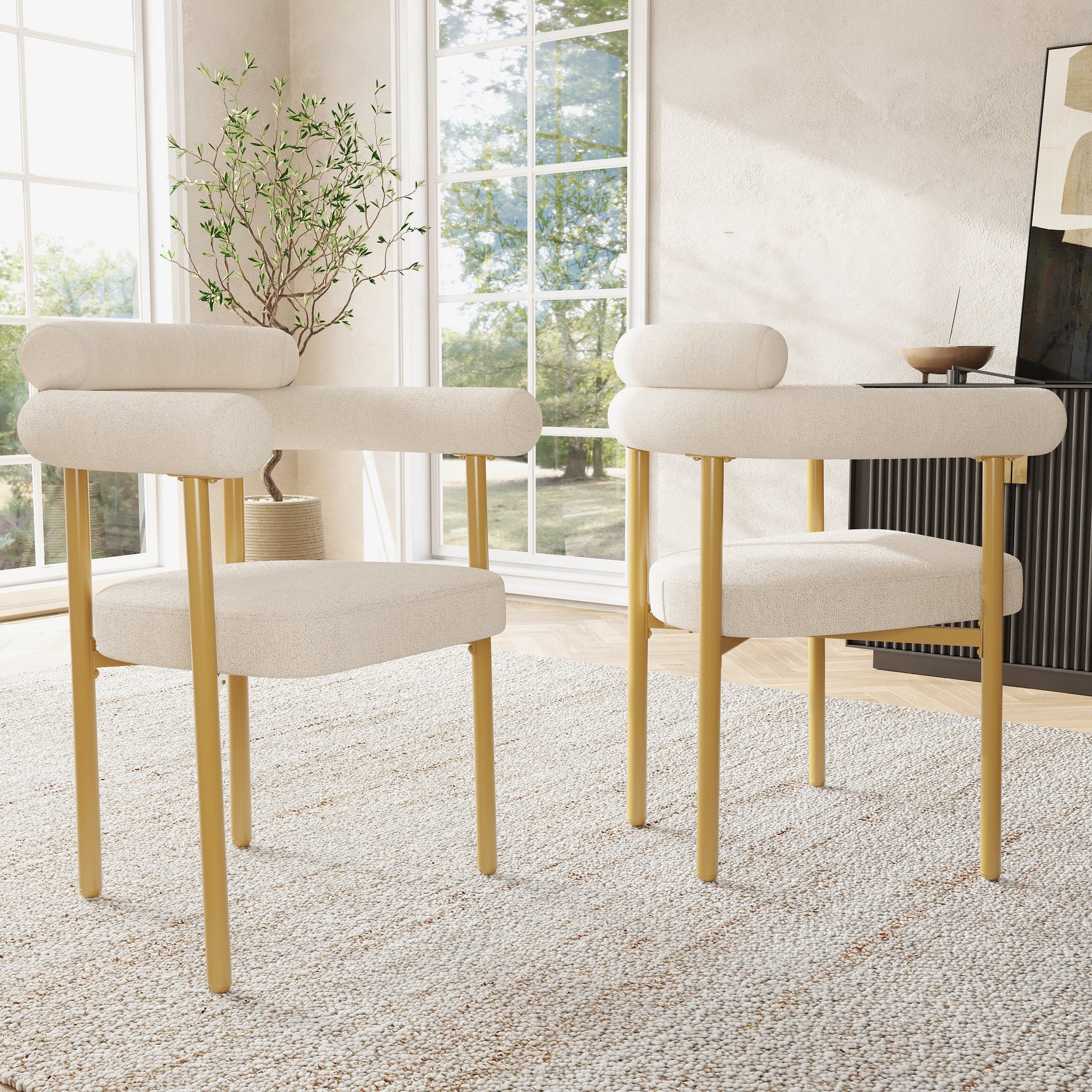 2 Dining Chairs Modern Ring Seats Gold Legs - Beige Suede