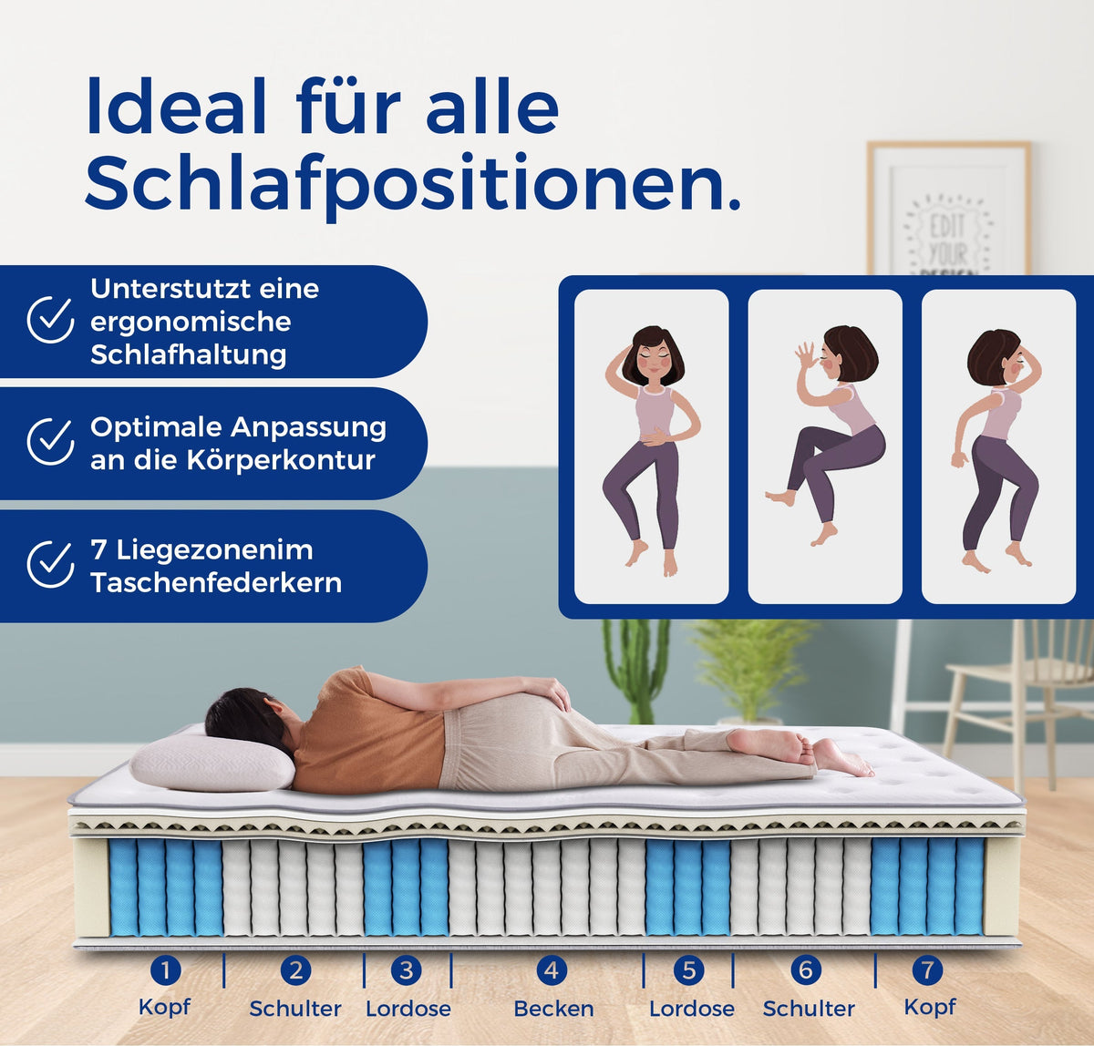 7-Zone Pocket Spring Mattress, 160x200 H3 Ergonomic Design with Comfort Foam, OEKO-TEX Certified White