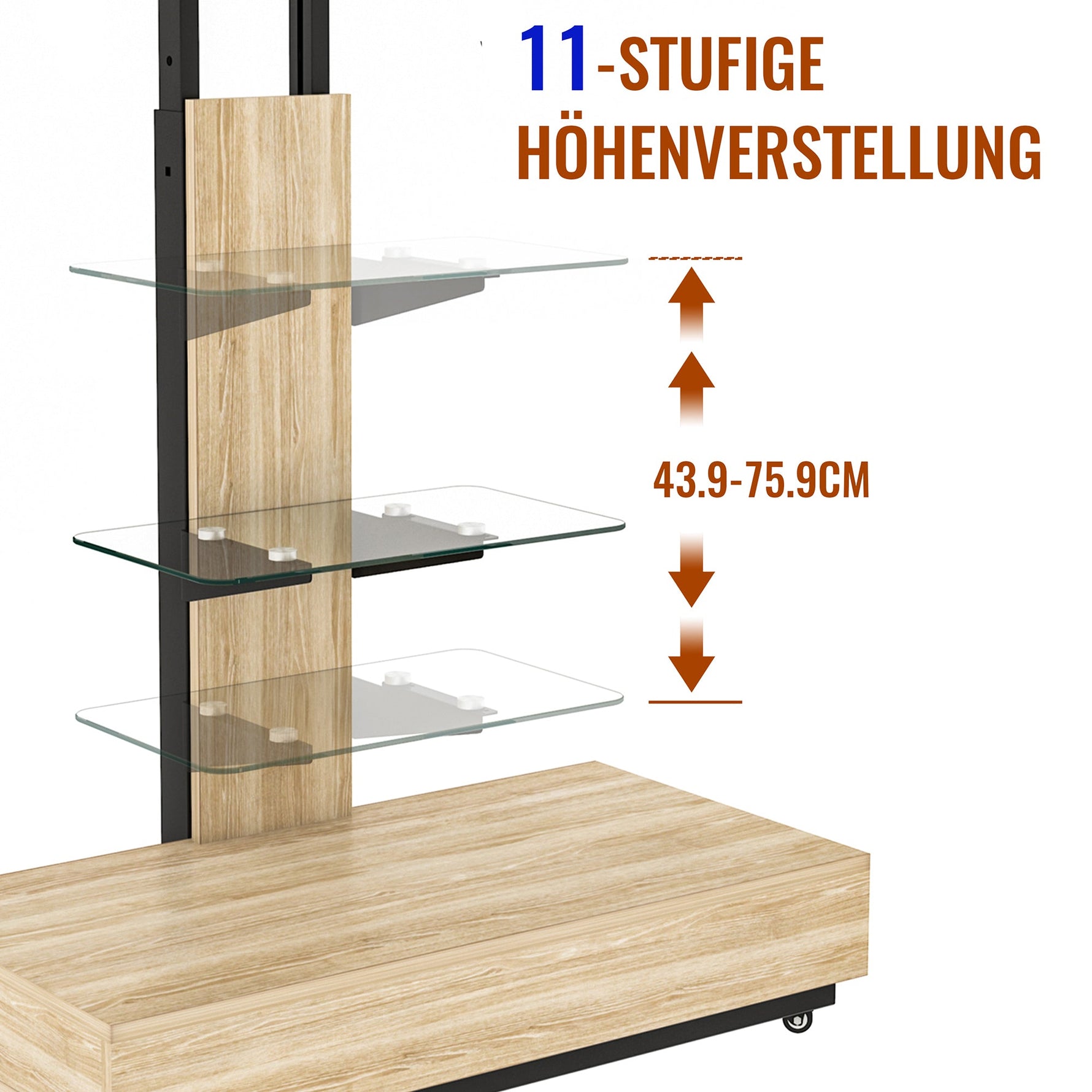 Mobile TV Cart - Height Adjustable Drawers for 32-75 Inch TVs - Natural Finish