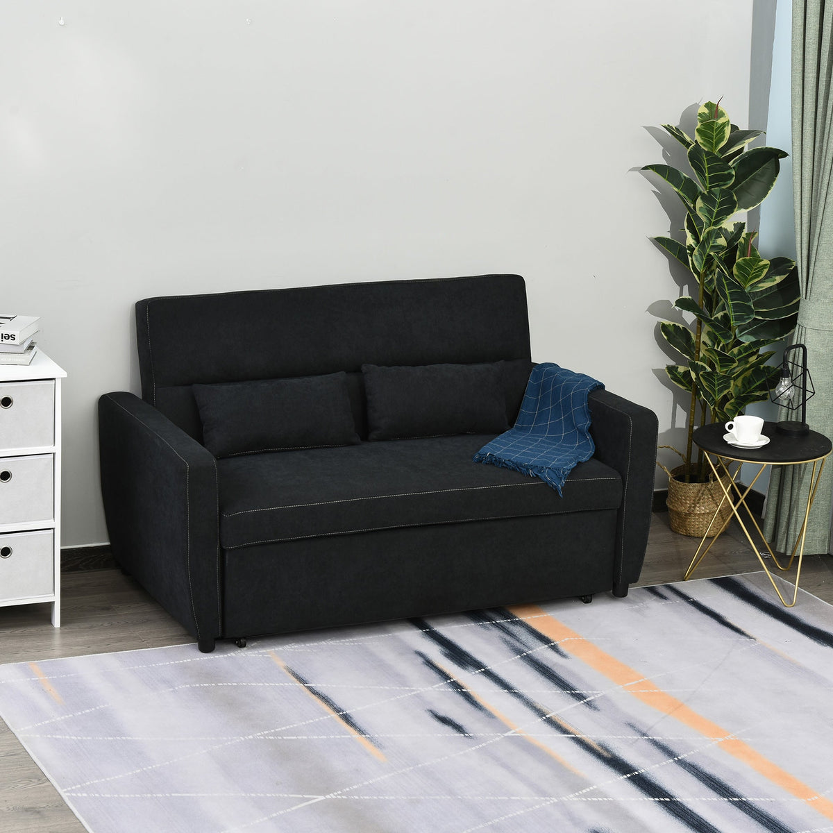 Sleeper Sofa, Convertible 2-Seater Adjustable Angle, Fabric Black