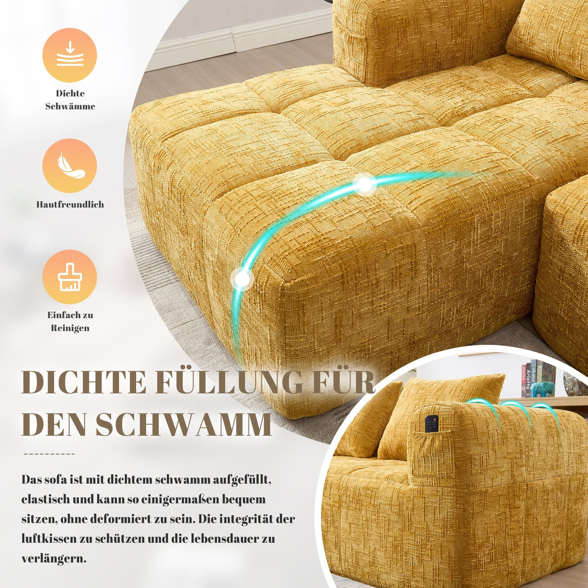 Sectional Sofa L-Shaped 3-Seater Chaise No Assembly Chenille Yellow