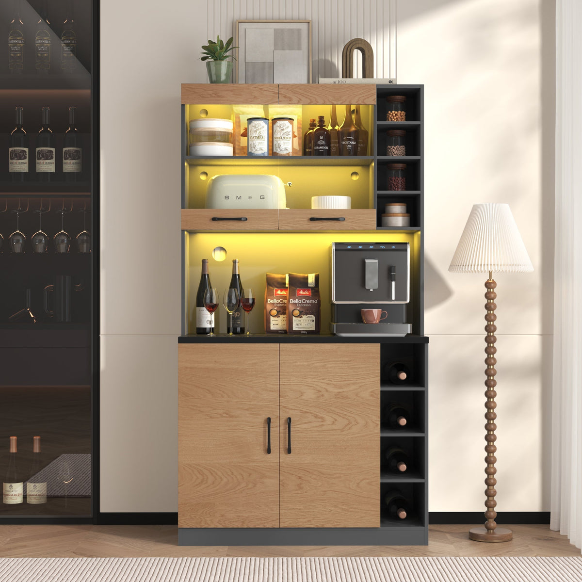 Kitchen Highboard Buffet 100x187cm LED Lighting Microwave Storage - Wooden