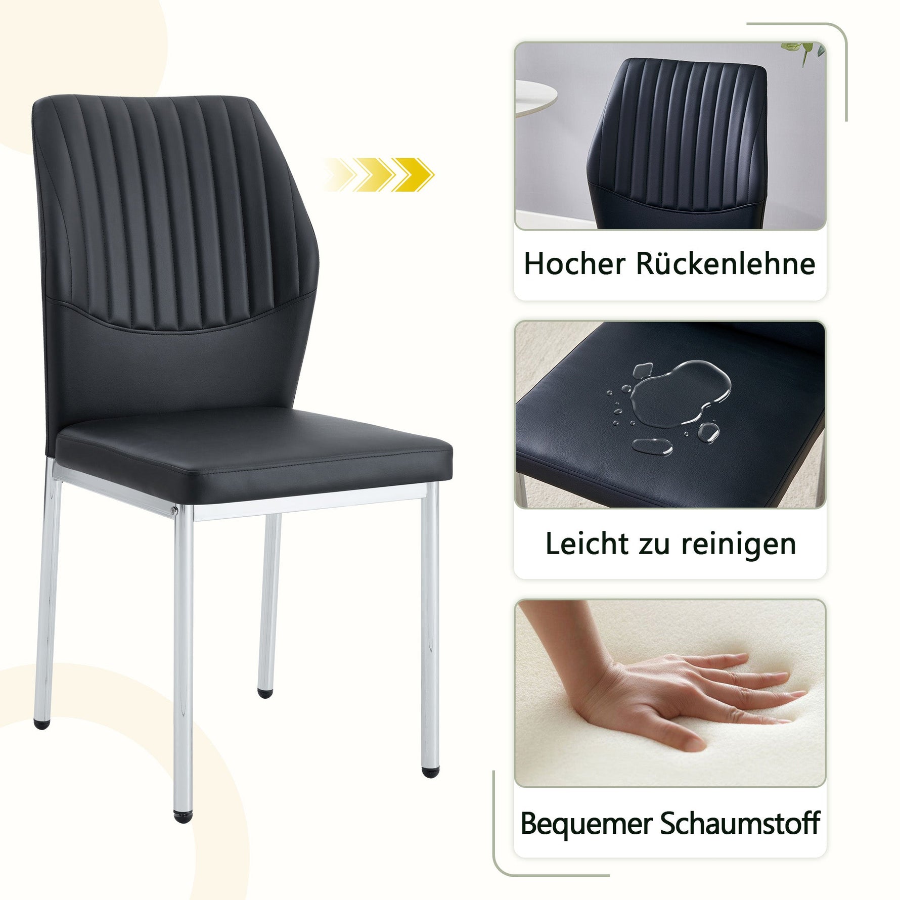 Set of 4 Stylish Dining Chairs with Vertical Embossing and Metal Legs, Black and Silver