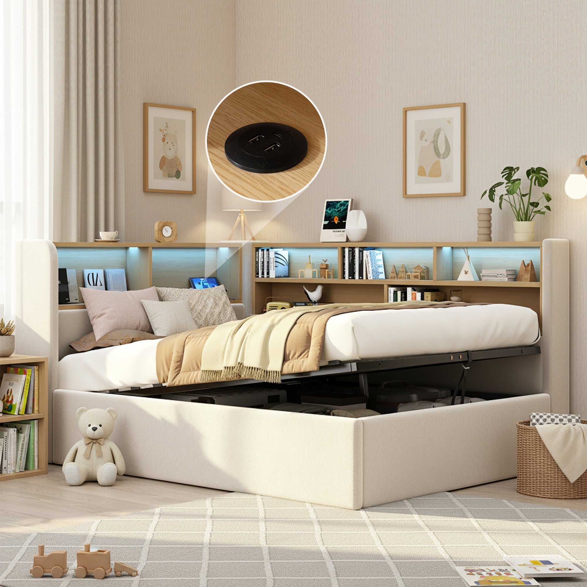 Daybed Upholstered Sofa Bed 90x200cm Hydraulic Storage LED USB Beige Velvet