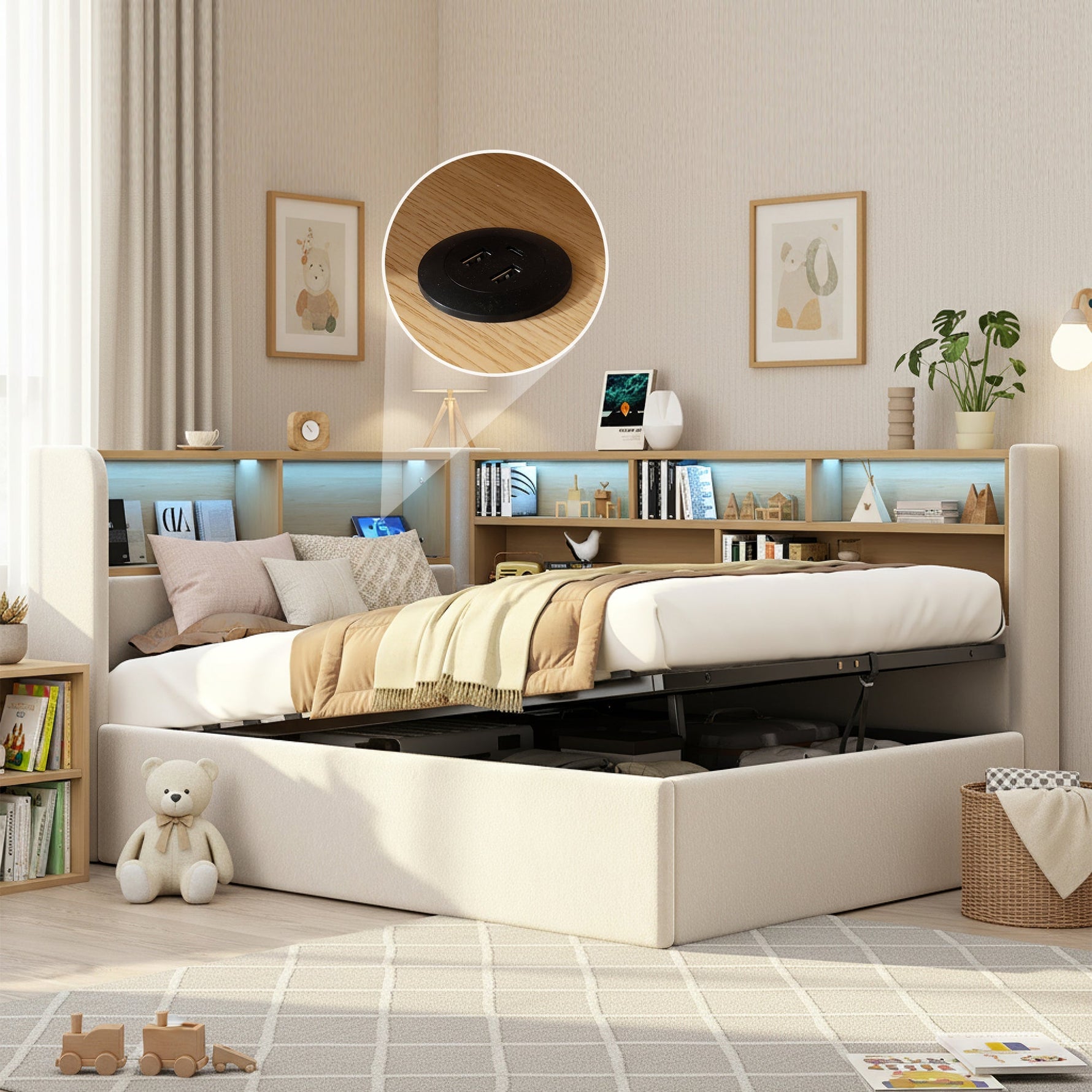 Daybed Upholstered Sofa Bed 90x200cm Hydraulic Storage LED USB Beige Velvet
