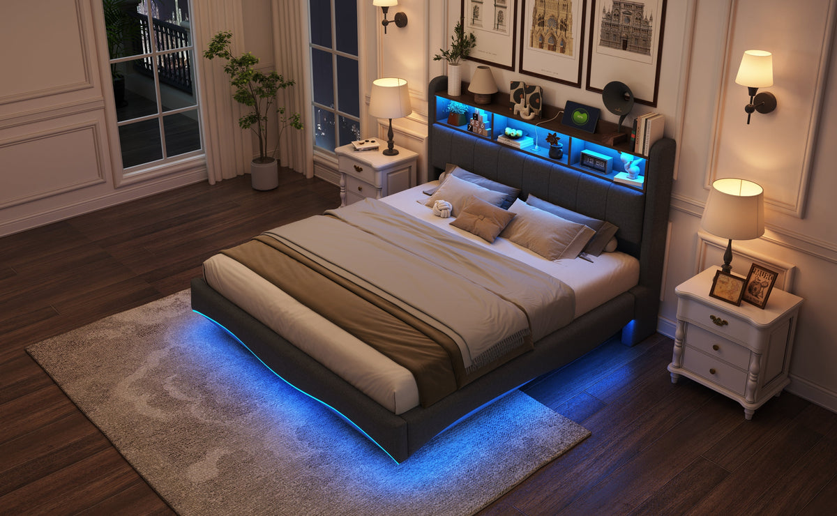 Suspended Design Upholstered Bed, Multifunctional Storage, LED, USB, Type-C, Linen Fabric Gray
