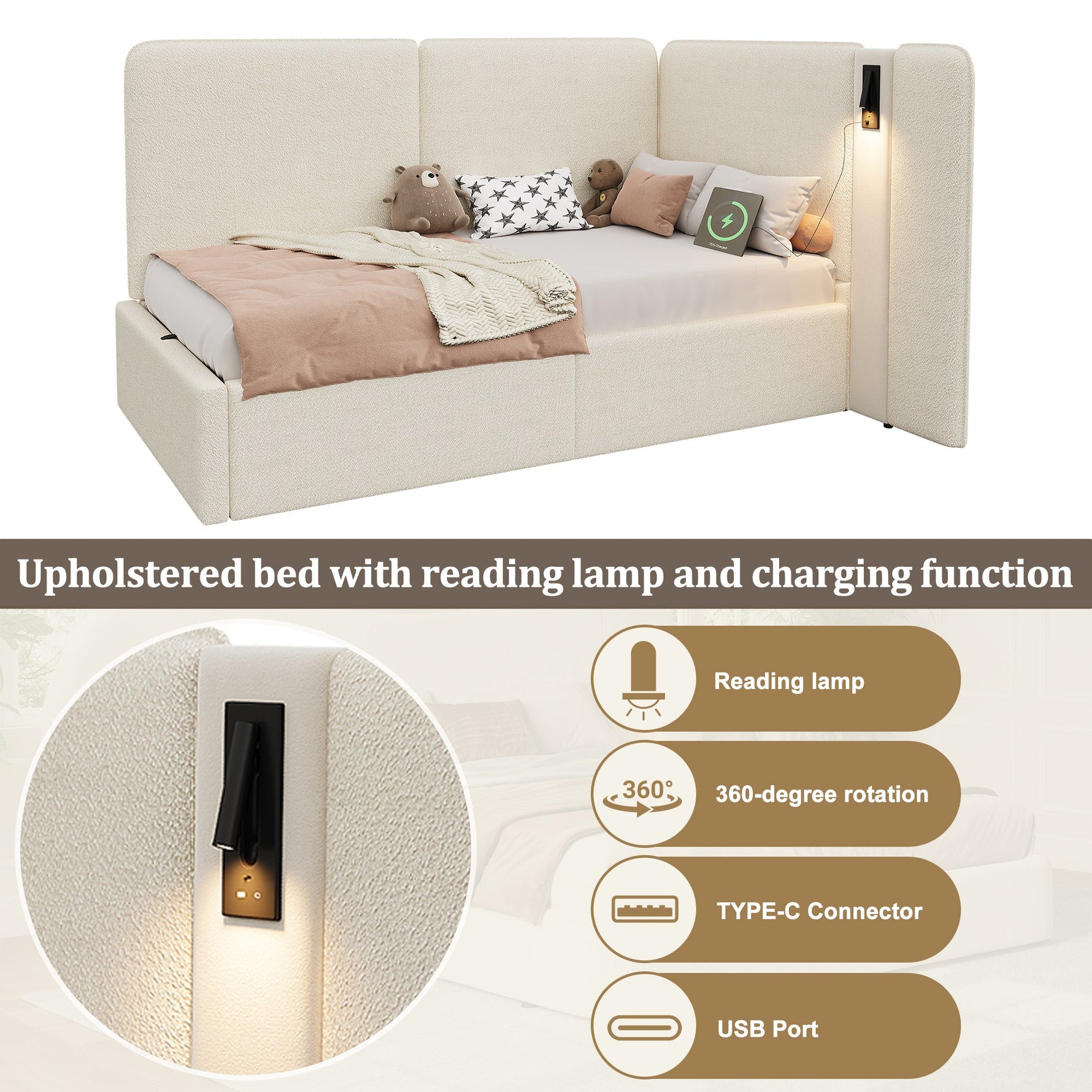 Daybed with Hydraulic Storage, USB Port and Reading Lamp, 90x200cm, Beige Boucle