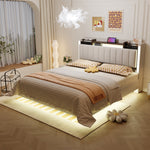 Upholstered Bed 140*200, LED, USB, Storage Headboard, Floating Design, Linen Beige