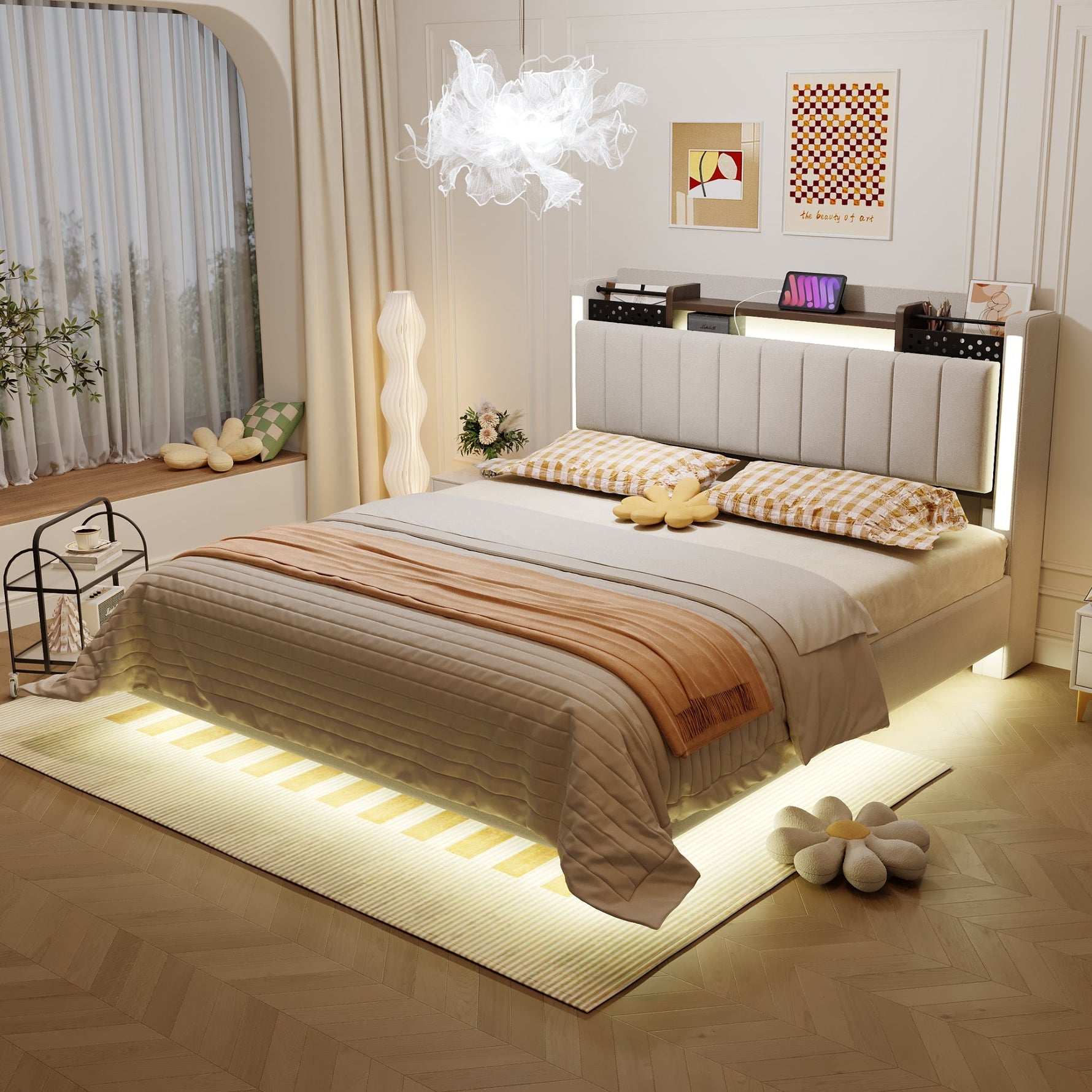 Upholstered Bed 140*200, LED, USB, Storage Headboard, Floating Design, Linen Beige