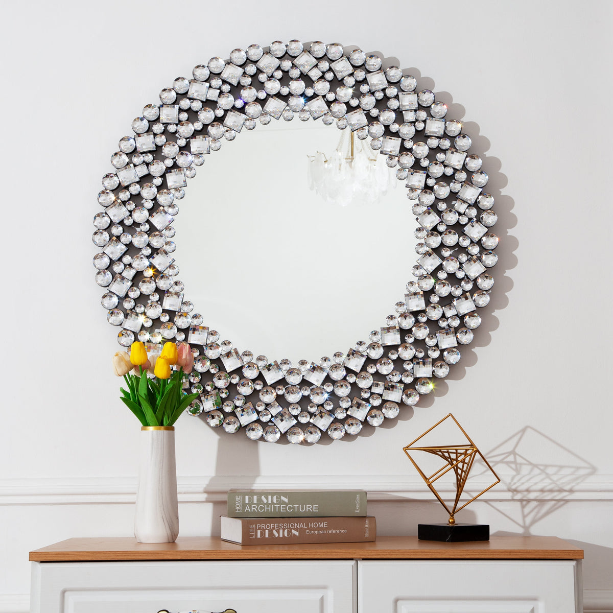 Wall Mirror, Round Crystal Accent 34 inch
