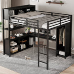 Iron Loft Bed, Double Storage, Desk & Wardrobe, Black 140x200cm