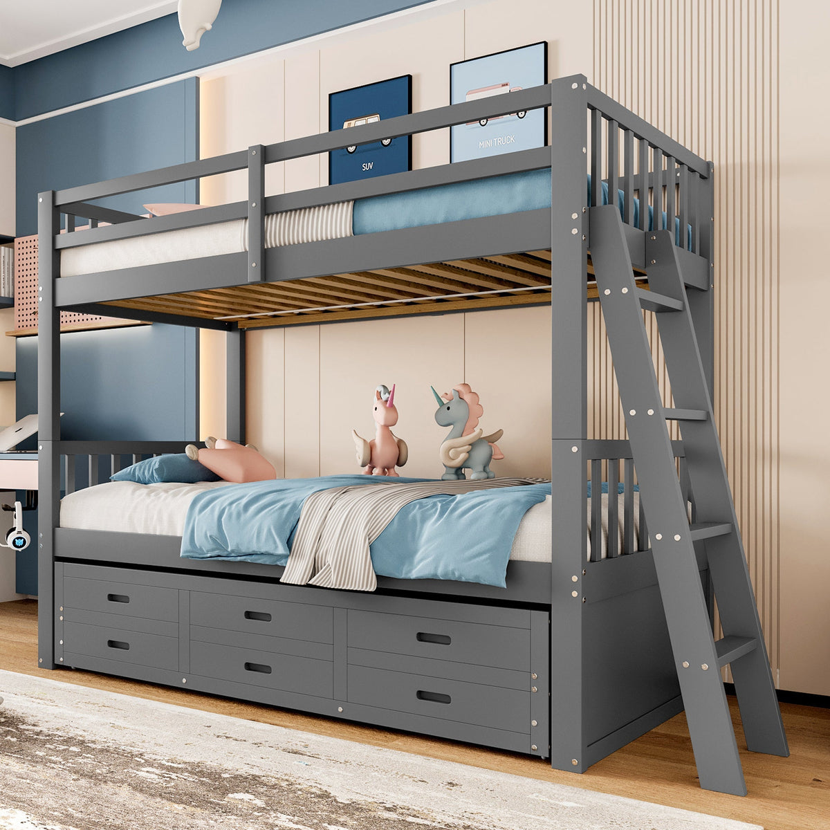 Bunk Bed House Bed 90x200cm Pull-out Bed Ladder and 3 Drawers Grey