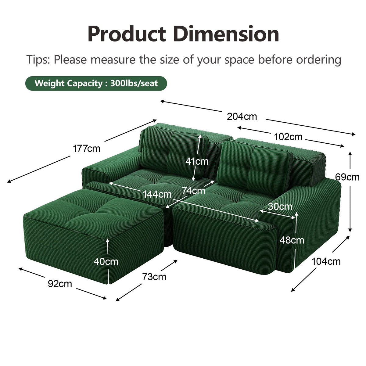 Boneless Modular Sofa L-Shaped Sleeper Ottoman Tufted - Corduroy Green