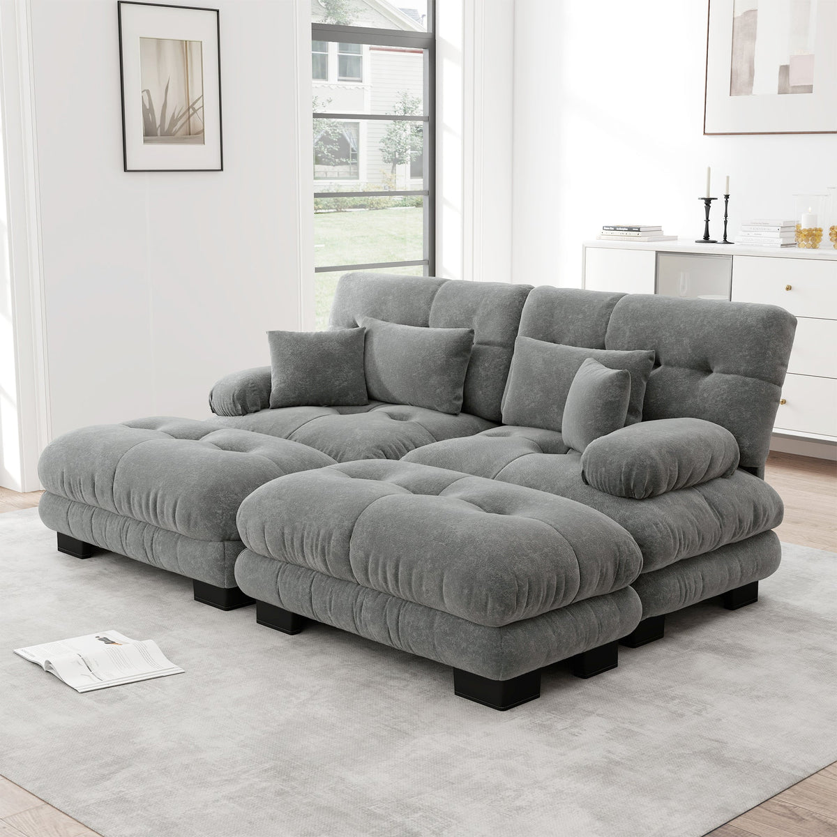 Cloud Corner Sofa, Double with Lumbar & Decorative Pillows, Wide Armrests & 2 Ottomans, Chenille Grey