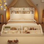 Wooden Double Bed 140x200cm Youth Bed with Shelves Nightlights Bookshelf Pure White