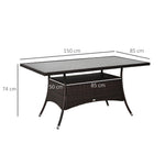 Dining Table, Poryrattan Glass 150x85x74cm Safety Glass, Brown/Black