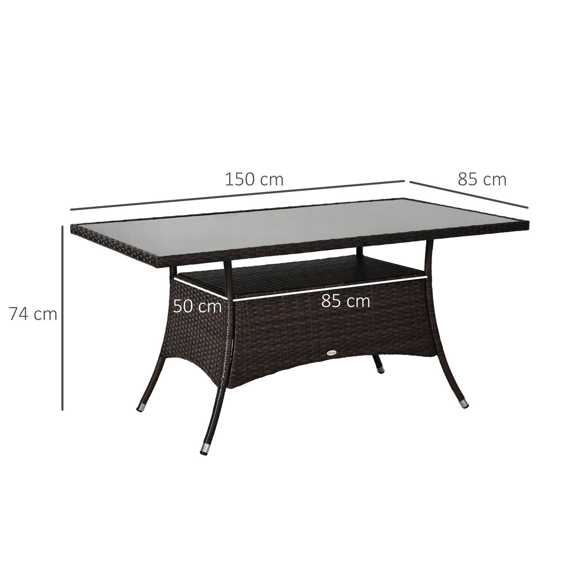 Dining Table, Poryrattan Glass 150x85x74cm Safety Glass, Brown/Black