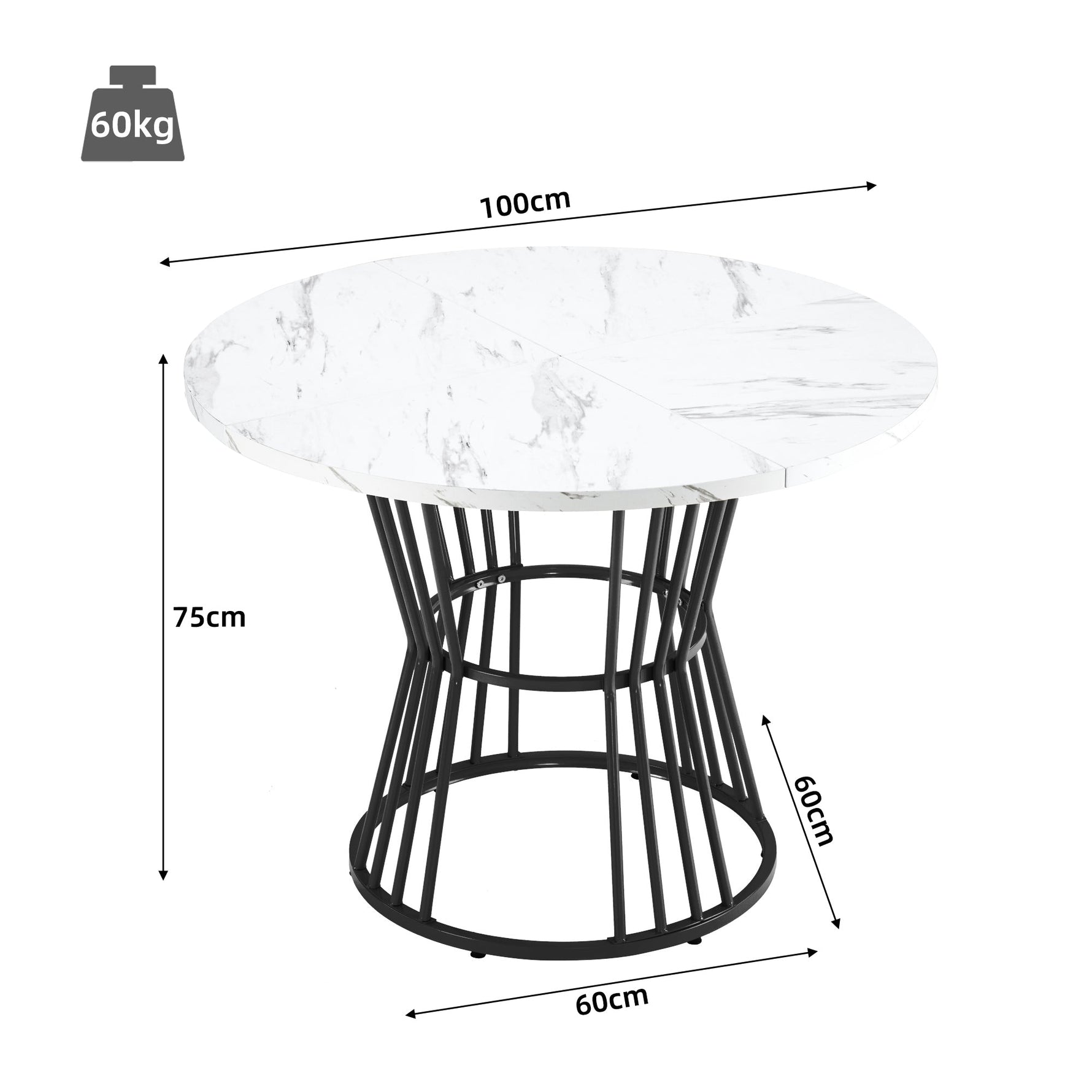 Dining Table Set 5-Piece Round 100cm Black Metal White MDF Green Velvet