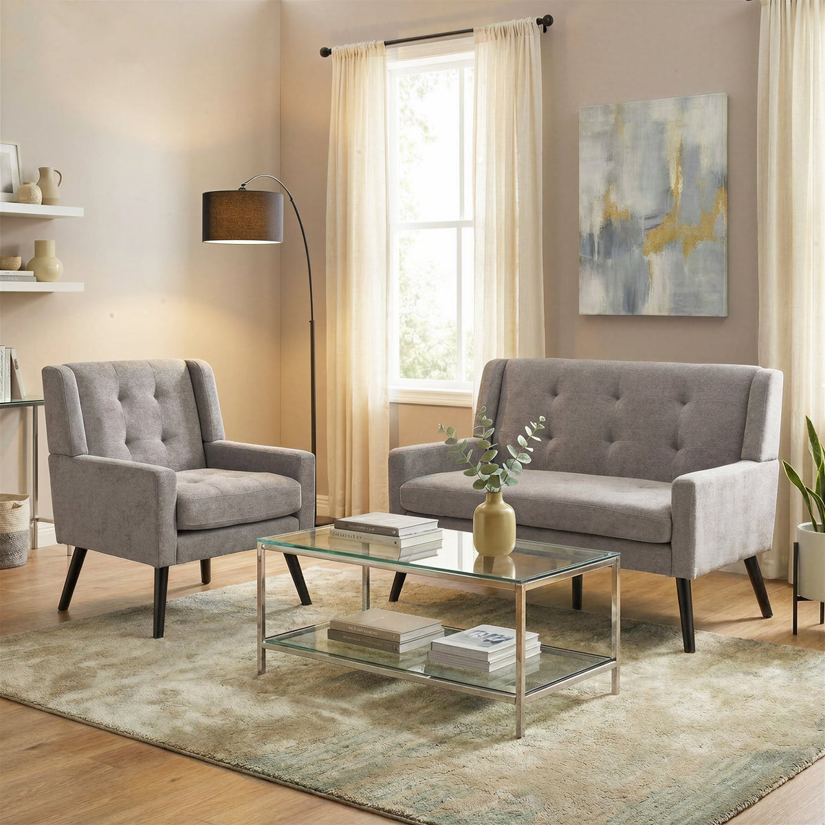 2-Piece Accent Armchair Set with High-Density Foam and Solid Wood Legs, Durable Fabric