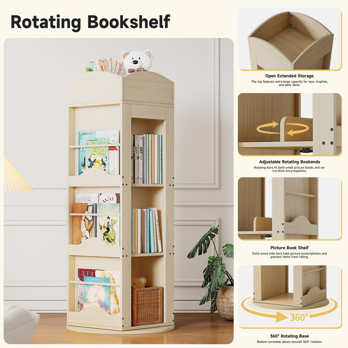 Rotating Bookshelf with 360-Degree Rotation and 4 Shelves, Wood