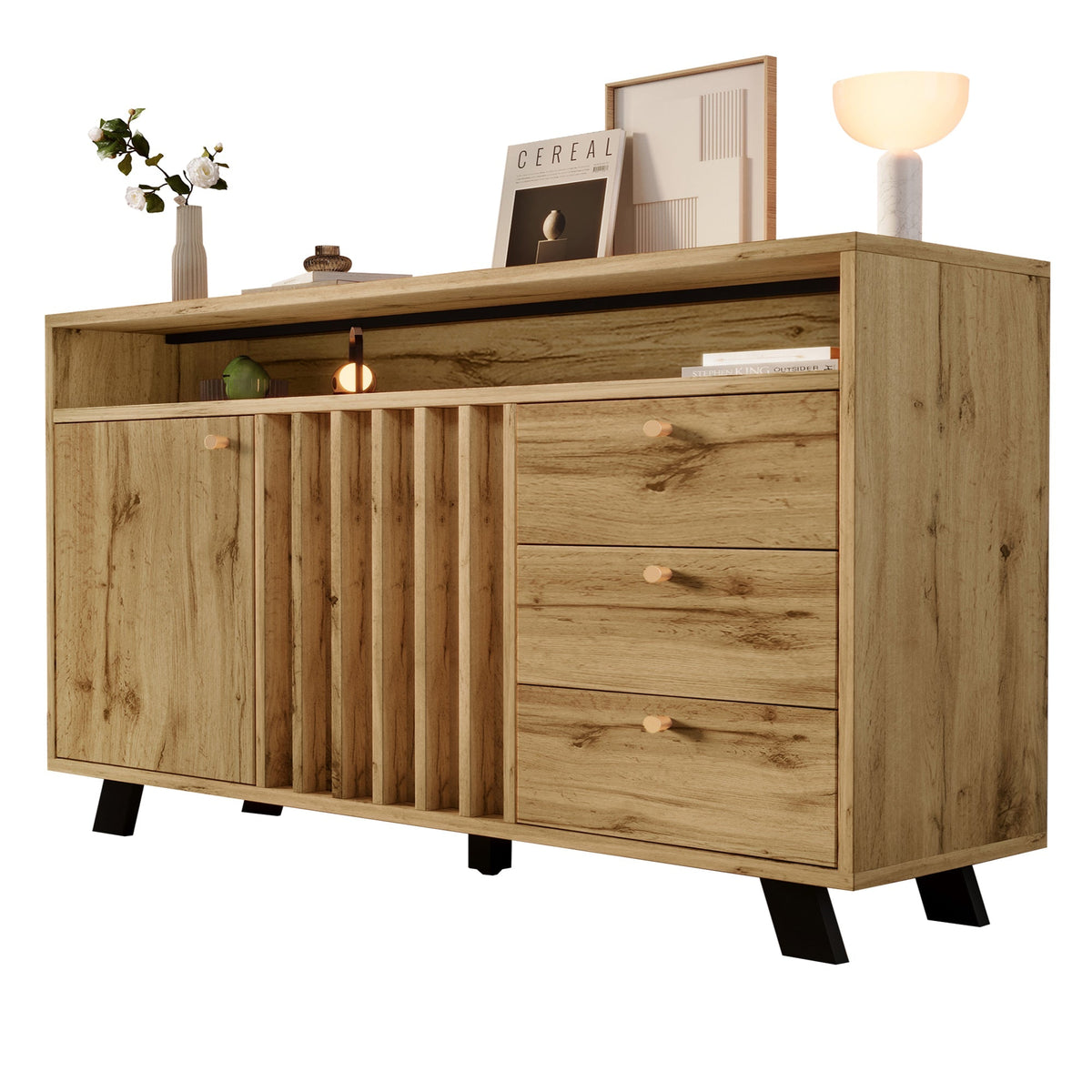 Vintage Sideboard Cabinet 3 Drawers 2 Doors Slatted Front 120cm - Dark Oak