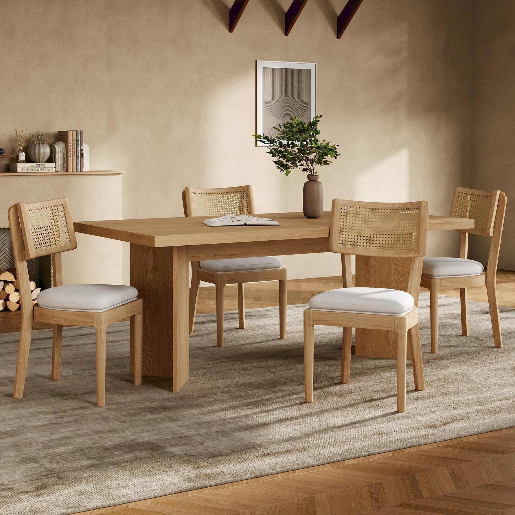 Solid Wood Dining Chairs with Rattan Backrests and Linen Seats, Set of 2, Wood Color