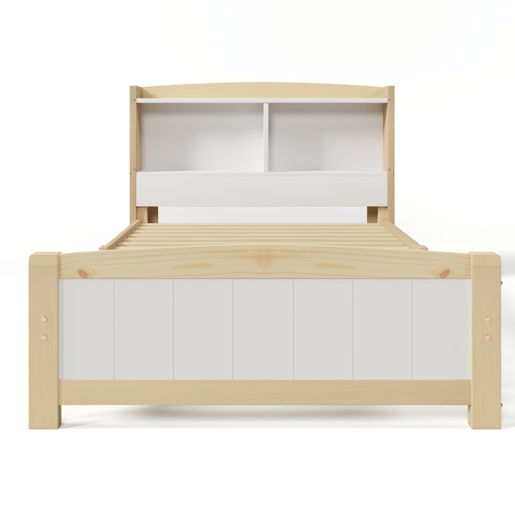 Single Bed with Storage Headboard, 90x200cm Solid Pine, Natural and White