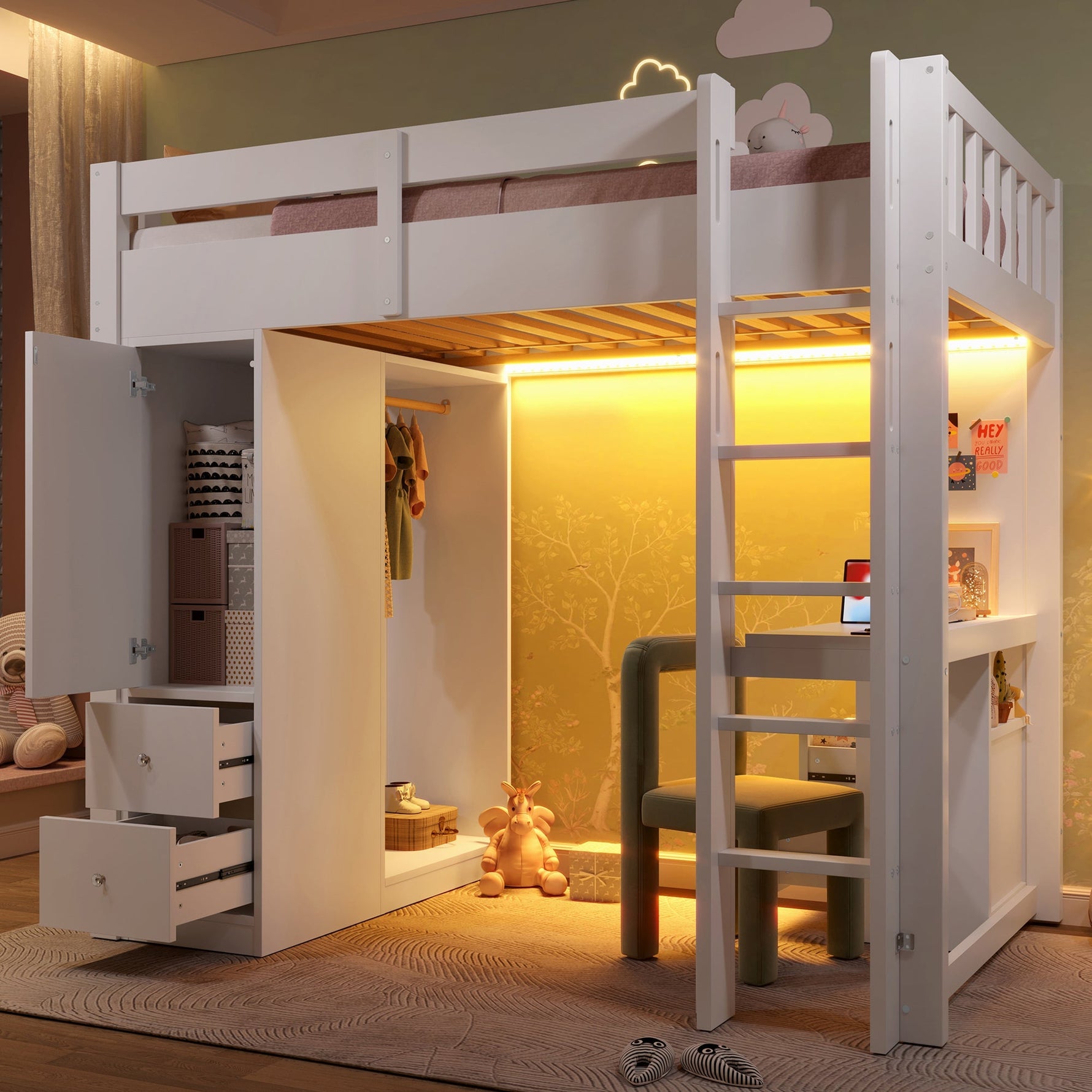 Loft Bed with Desk, Wardrobe, 4 Drawers, LED and USB, 90x200cm, White