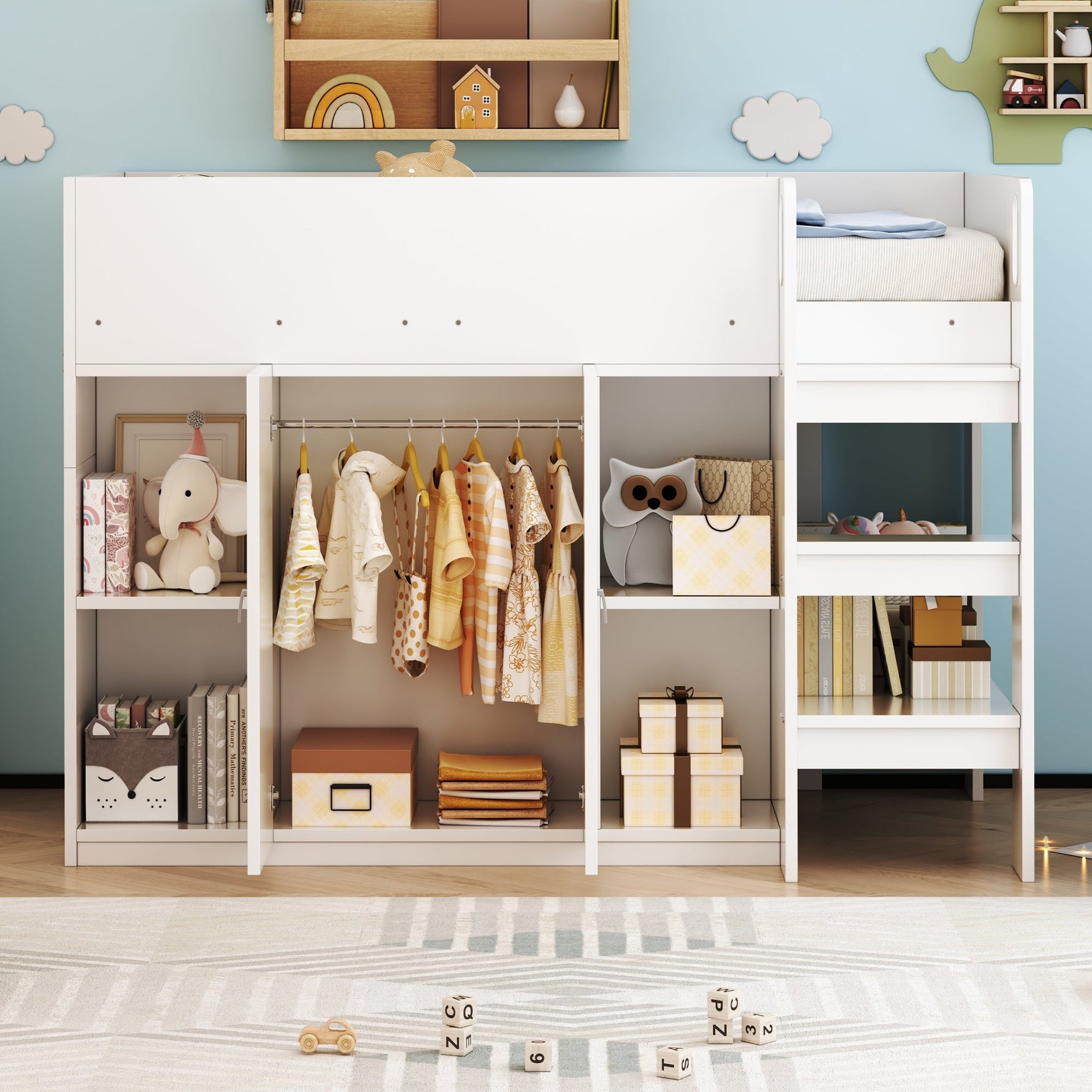 Loft Bed 90*200, Storage, Wardrobe, Shelves, Ladder, White