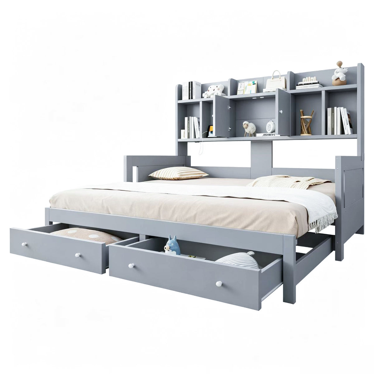 Extendable Sofa Bed with Storage & LED Lighting, Grey Wood