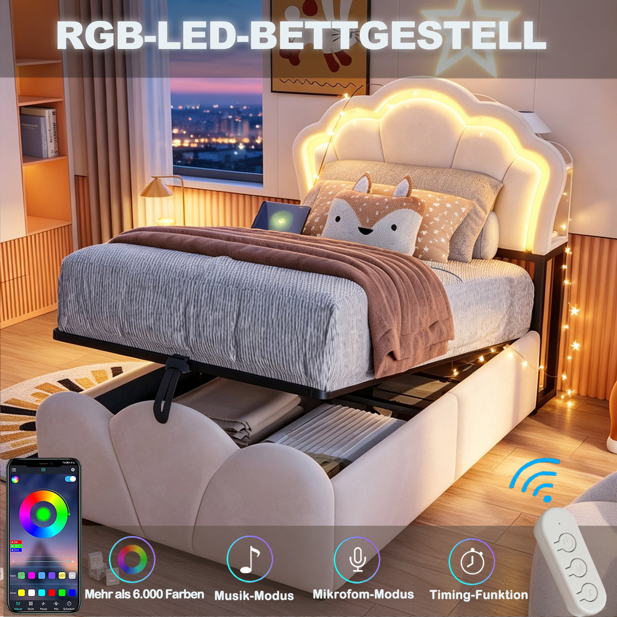 Upholstered Bed 90x200cm with Hydraulic Storage & LED, Beige Velvet