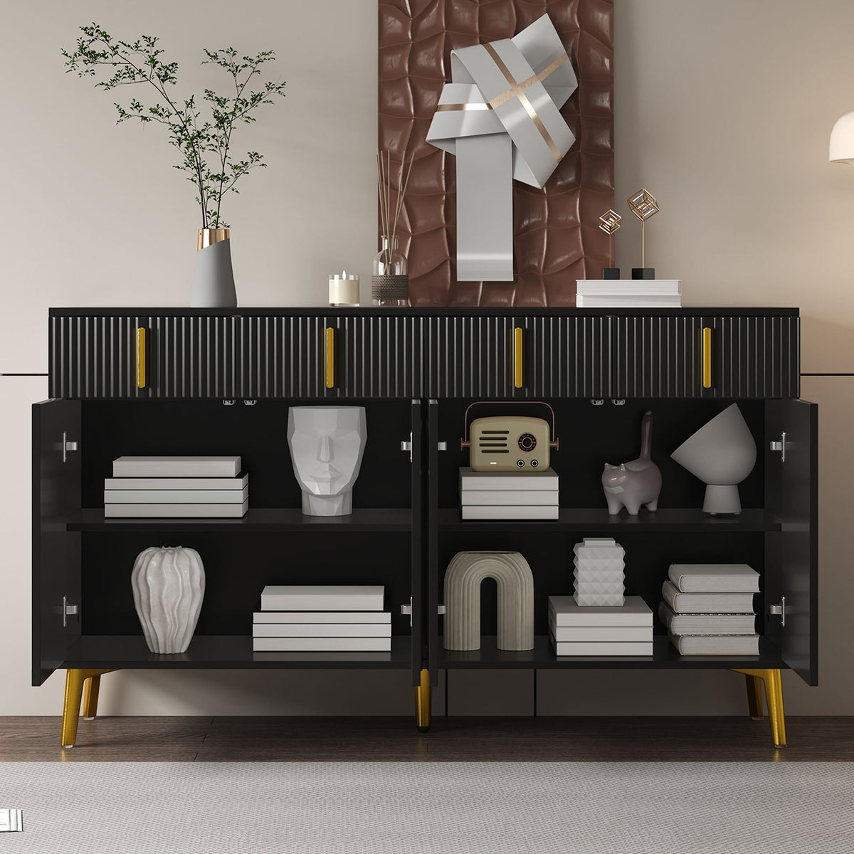 Sideboard, 4 Doors 4 Drawers, Gold Accents