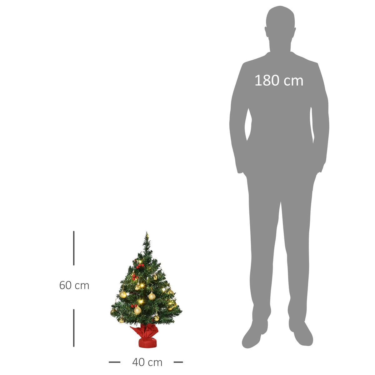 Small Christmas Tree, Mini with Holly Berries, Baubles & LED Lights, Green PVC