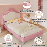 Upholstered Bed, Children's Single Bed with Crown Headboard & Metal Feet, PU Pink+White