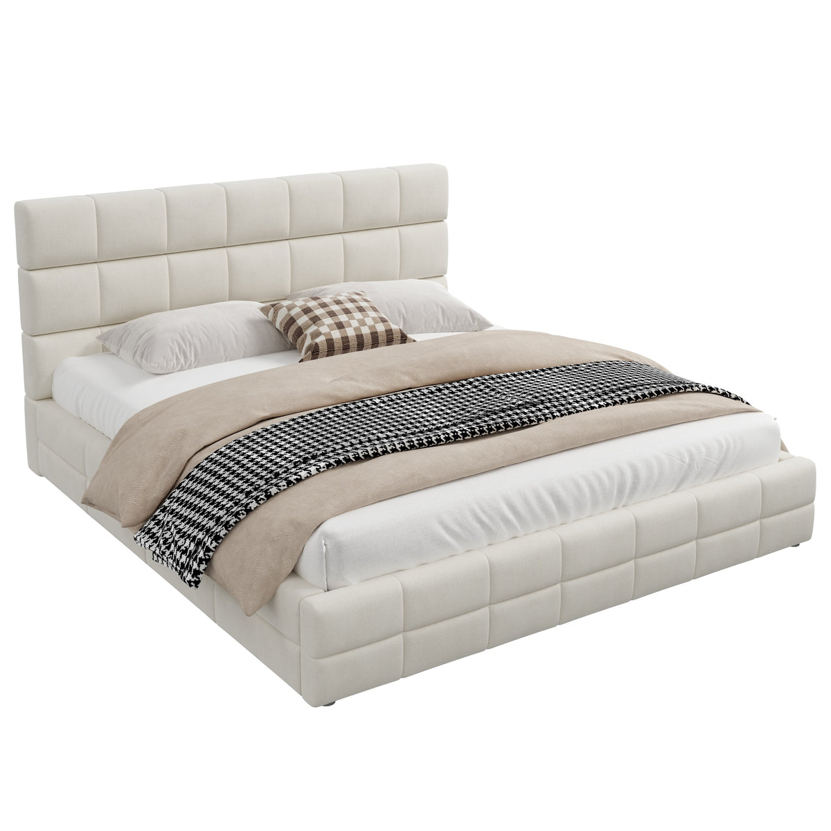 Upholstered Platform Bed Frame, 180x200 cm - Beige