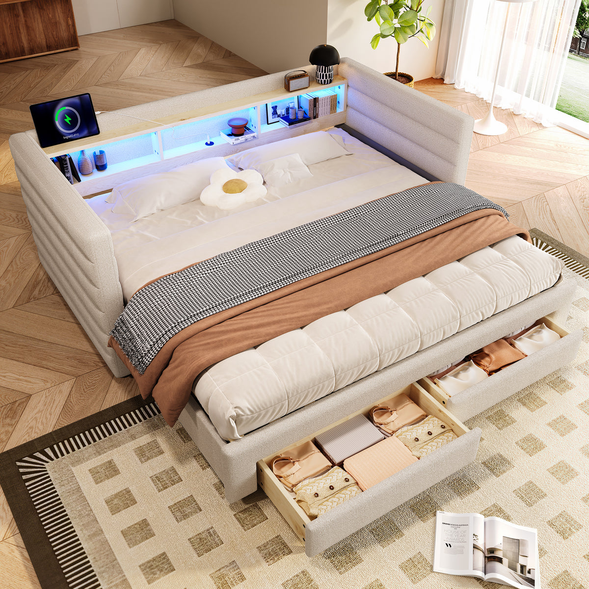 Daybed Sofa Bed 90x190cm Pull-Out Drawers USB LED, Beige Velvet