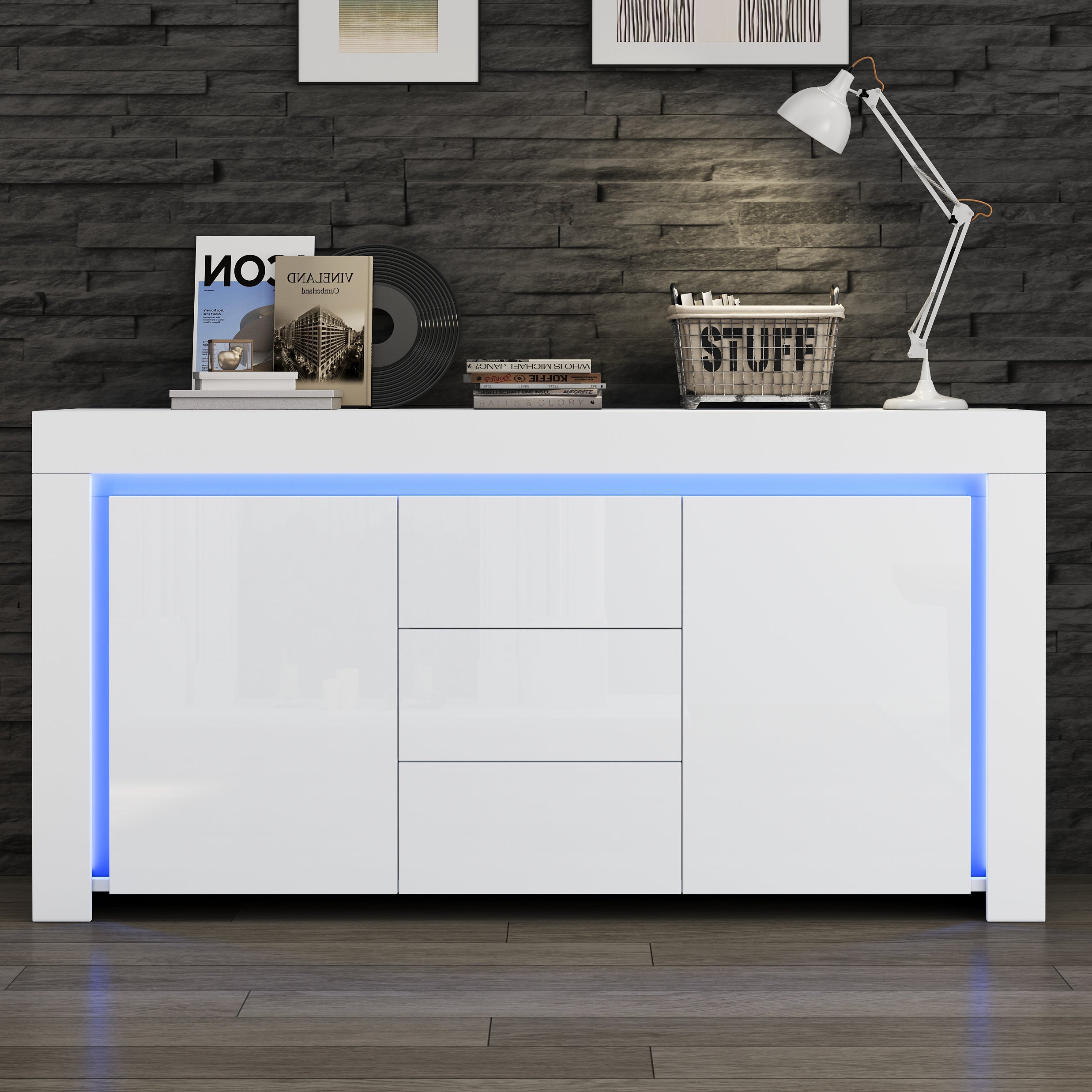 Living Room Cabinet 140cm 3 Drawers 2 Doors LED High-Gloss White