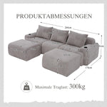 Modular Corduroy Sofa 3-Seater 2 Ottomans Cup Holders Storage Light Grey