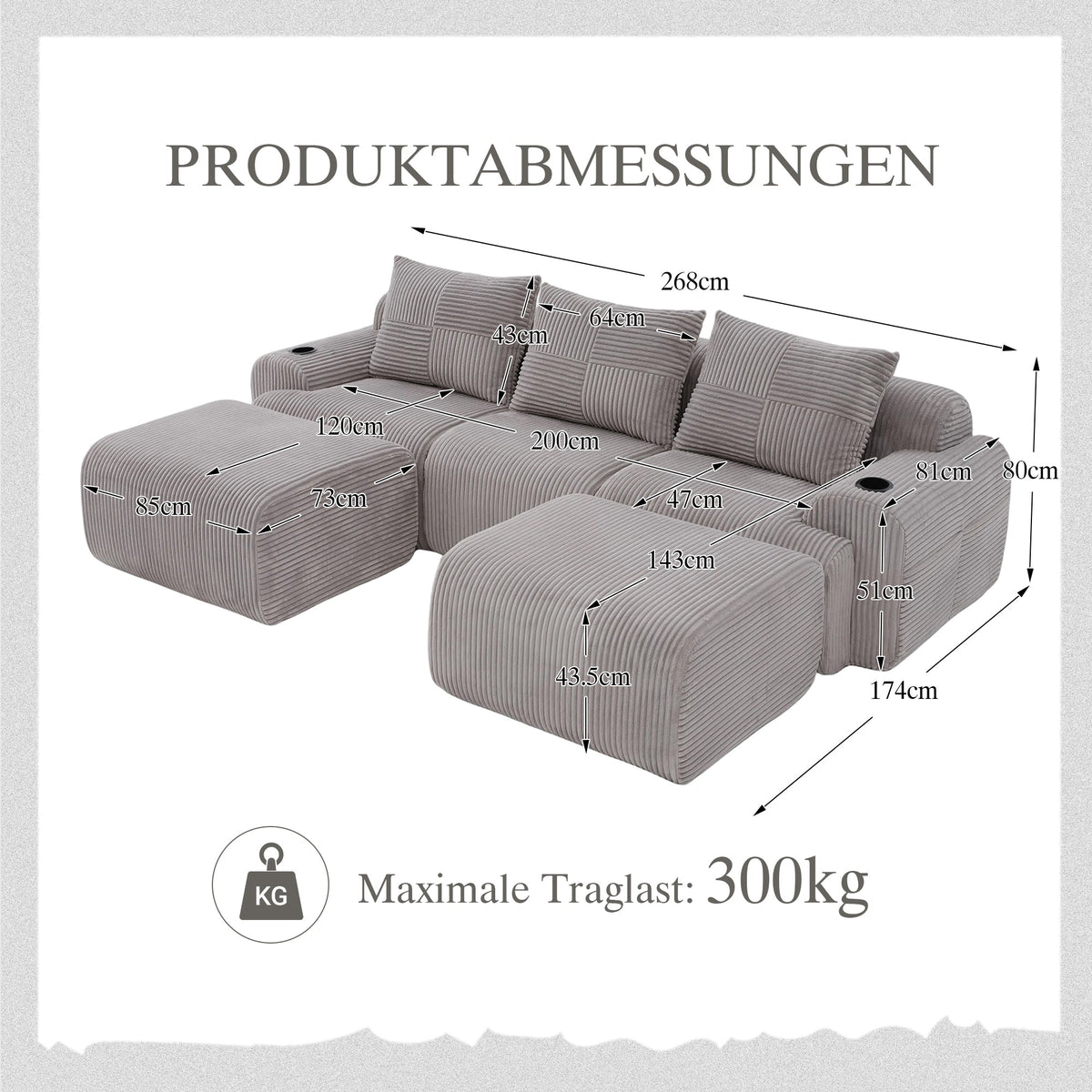 Modular Corduroy Sofa 3-Seater 2 Ottomans Cup Holders Storage Light Grey