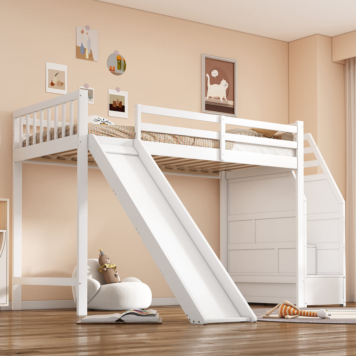 Children's Bunk Bed 90x200cm with Slide & Storage Ladder, White