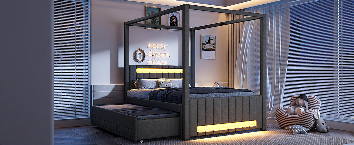 Upholstered Four-Poster Bed 140x200cm, Pull-Out & 3 Drawers, Grey