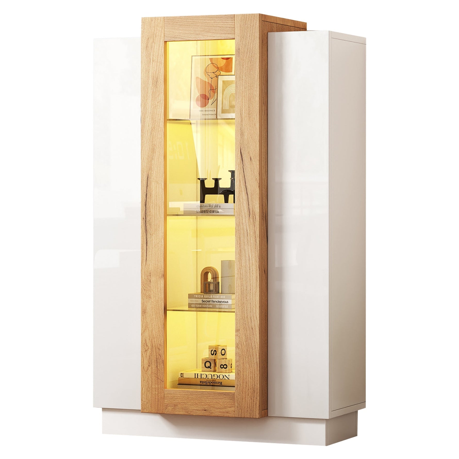 Living Room Cabinet, 3-Door High-Gloss LED Display, Glass Shelves & Drawer, Transparent