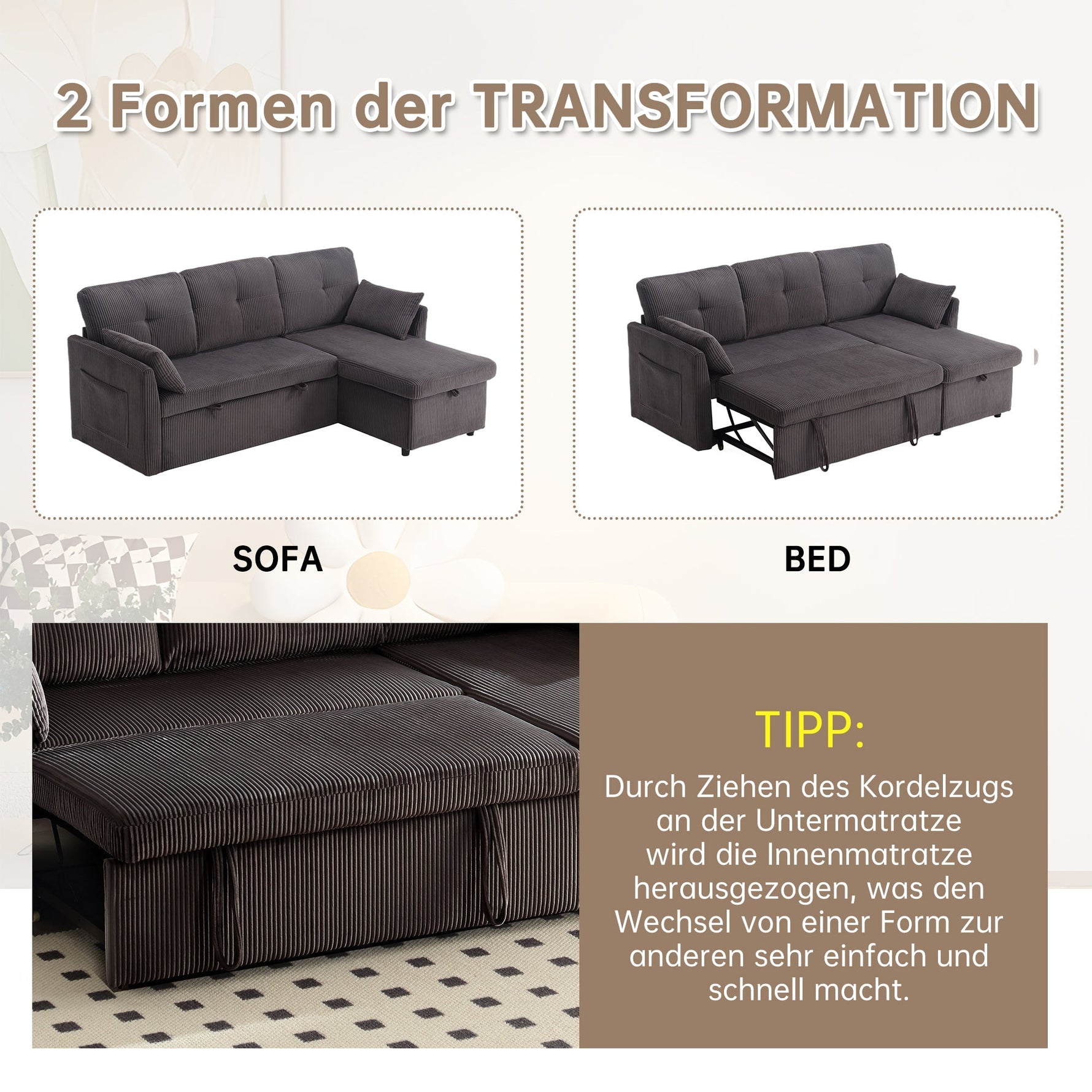 Sofa Bed, Multi-functional with Storage & Pull-Out, Chaise Lounge Interchangeable, L-Shaped Modular
