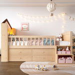 Mid-Height House Bed 90x200cm with Drawers & LED, Natural Wood