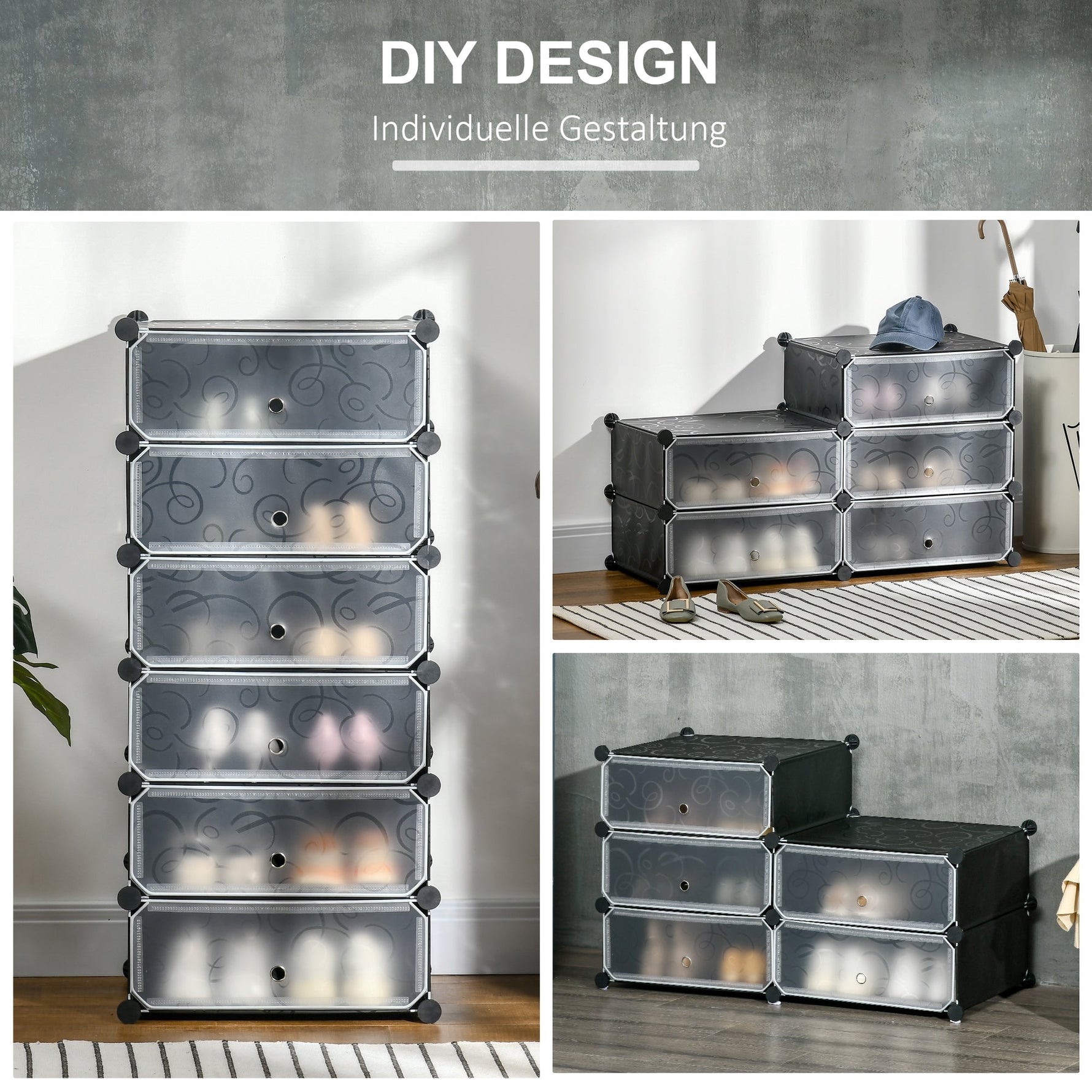 Shoe Rack Storage Box, DIY Shelving Unit for 6 Pairs, Plastic/Steel, Black+White