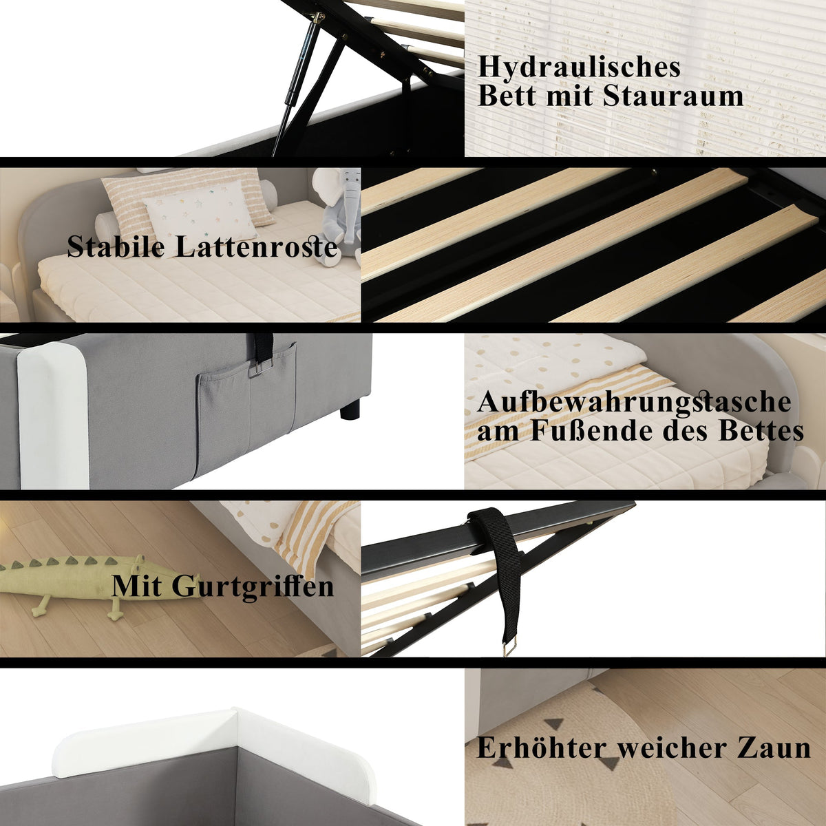 Hydraulic Bed, Storage Space, Raised Soft Fence, Velvet + Plywood, Grey